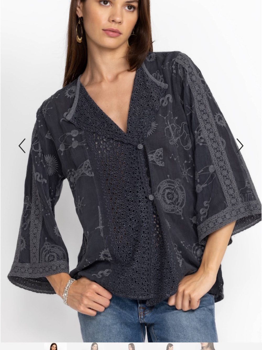 Johnny Was Charcoal Embroidered Lace-Trim Button Down Top